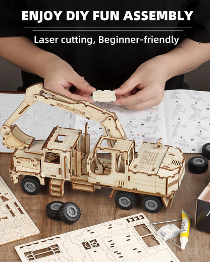 3D Wooden Puzzle for Adults, Excavator Wooden Mechanical Model Car Kits to Build, Brain Teaser Pull Back Truck Toys Birthday for Men Women (Excavator)