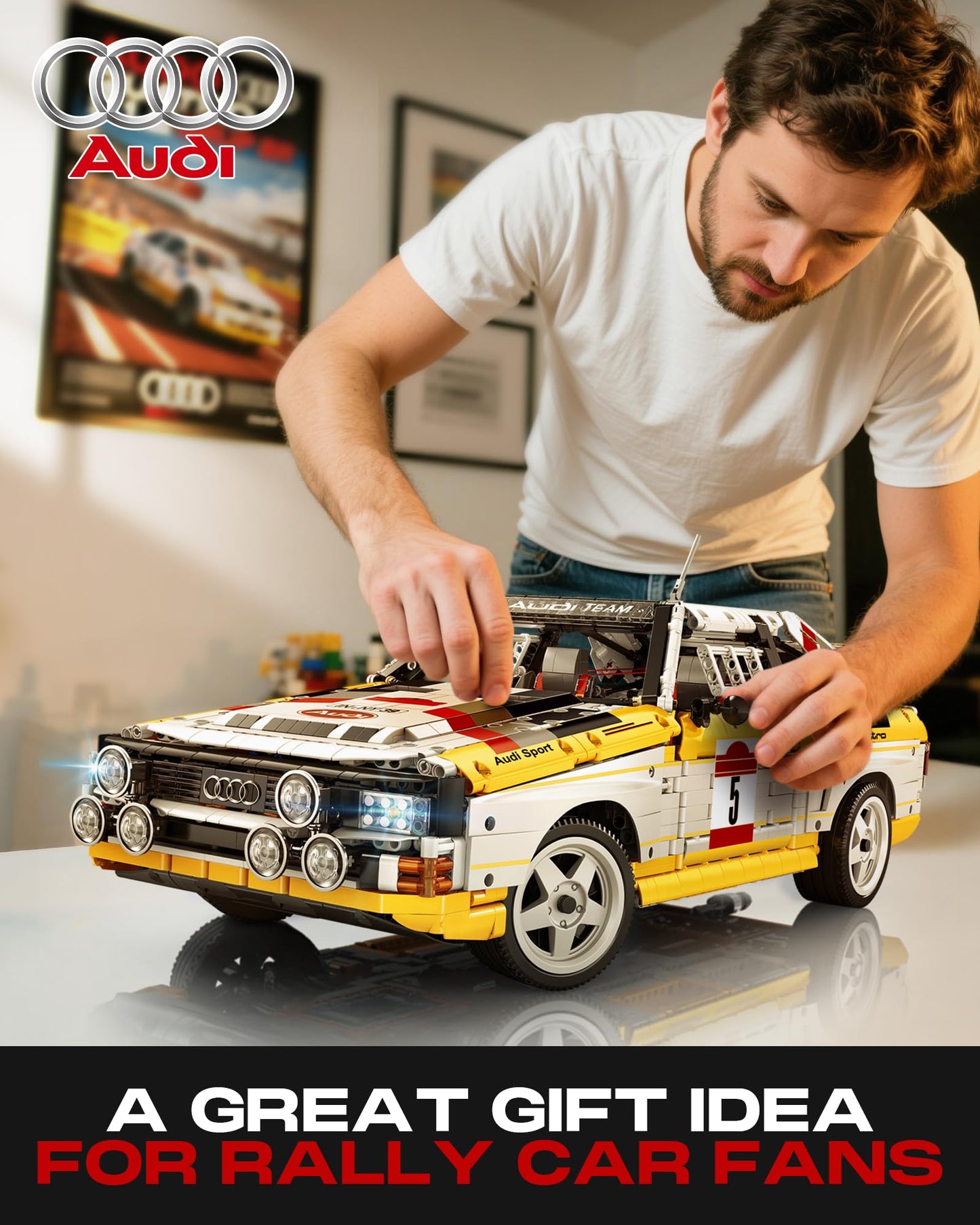 Audi Sport Quattro S1 Model Car Building Kit, 1:8 Scale Audi Officially Licensed, Adult Collectible Decoration, the Perfect Gift for Racing Fans Age 14+,  Yellow,  No Box (3887+pcs)